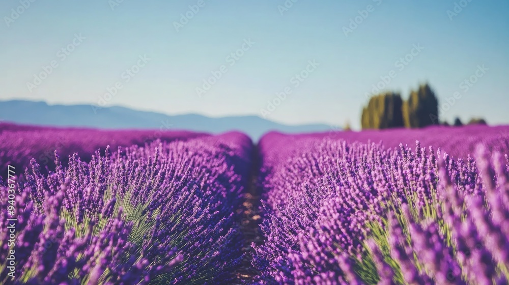 Naklejka premium Vast field of lavender in full bloom, rows of purple flowers stretching into the distance under a clear blue sky -