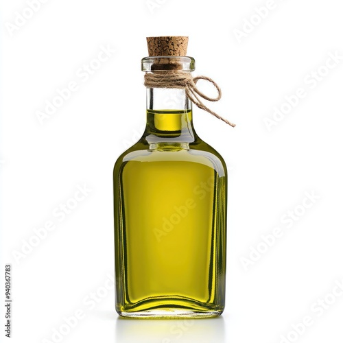 Crisp Studio Shot of Glass Olive Oil Bottle on White Background, Generative Ai