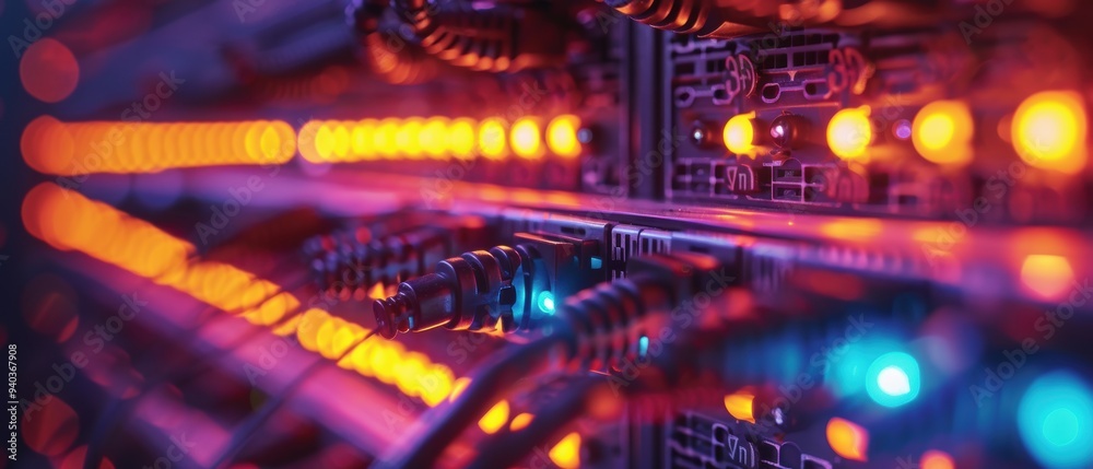 High-Tech Connectivity: Close-up View of Fiber Optic Cables Transmitting Data Signals High-Tech Connectivity: Close-up View of Fiber Optic Cables Transmitting Data Signals