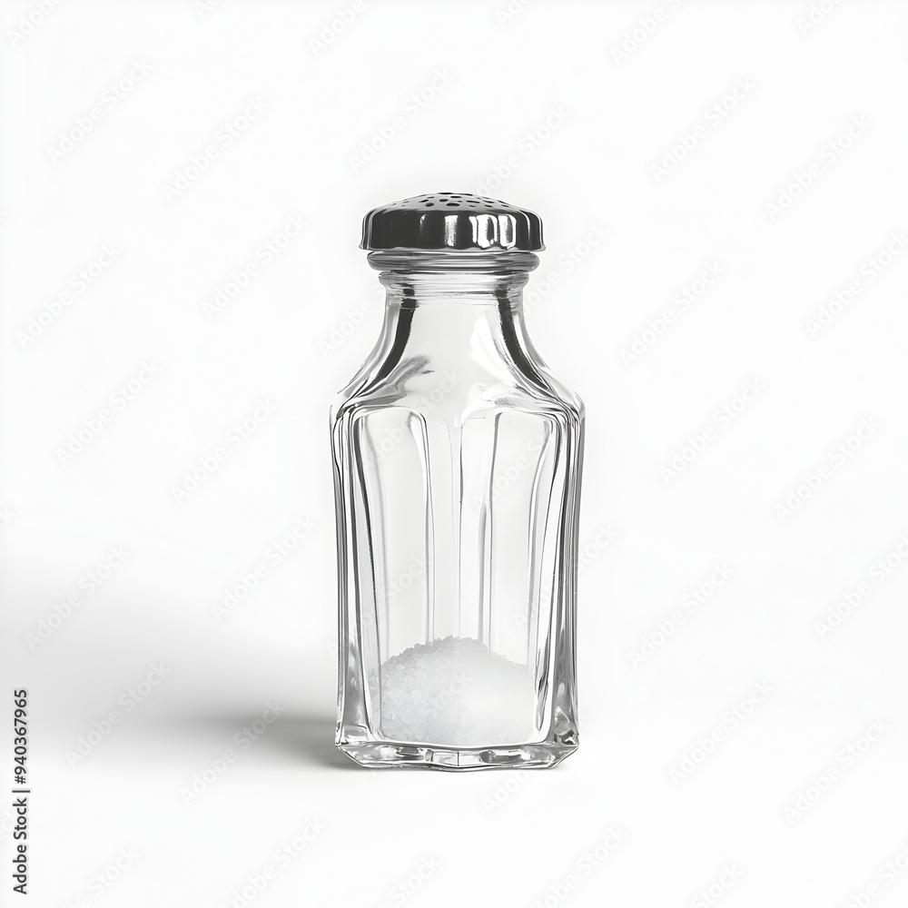 Elegant Glass Salt Shaker Centered on Pristine White Background Minimalist Still Life Photography of a Translucent Seasoning Container for Culinary Cooking or Interior Design Concepts Elegant Glass Salt Shaker Centered on Pristine White Background Minimalist Still Life Photography of a Translucent Seasoning Container for Culinary Cooking or Interior Design Concepts