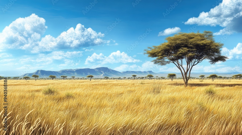 Vast savanna with tall grasses and acacia trees, distant mountains on the horizon under a bright blue sky Vast savanna with tall grasses and acacia trees, distant mountains on the horizon under a bright blue sky