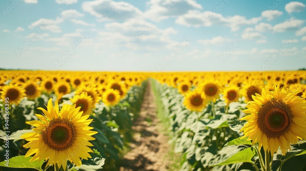 Fototapeta premium Vast sunflower field under a bright summer sky, rows of vibrant yellow flowers stretching into the distance, peaceful and abundant
