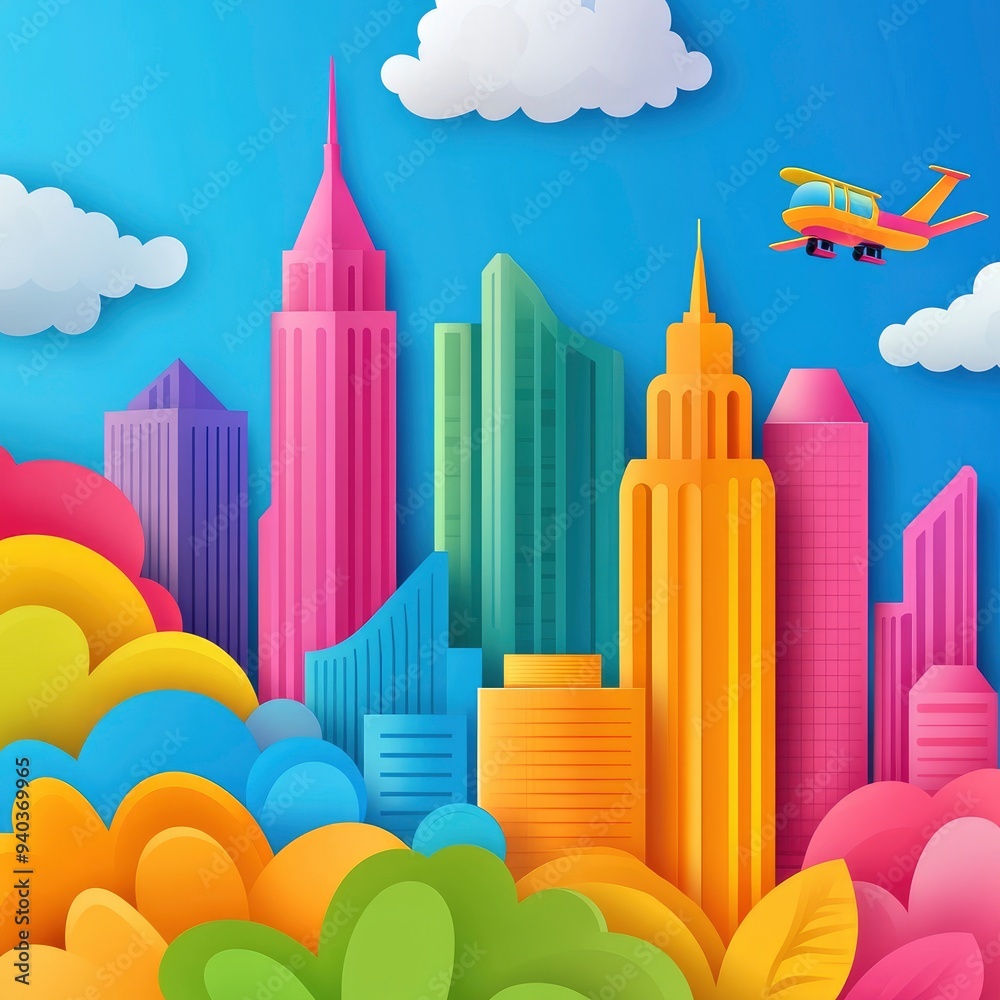 Colorful Papercut Cityscape with Plane Colorful Papercut Cityscape with Plane