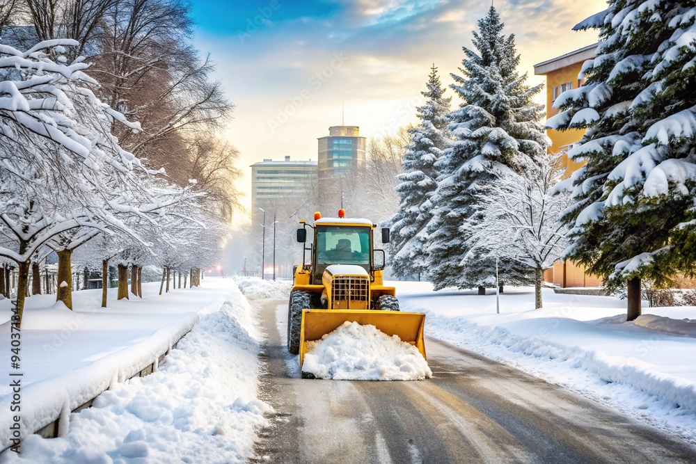 A yellow snowplow clears a snowy parking lot, leaving a trail of cleared pavement amidst a winter wonderland scene with buildings and trees in the background. A yellow snowplow clears a snowy parking lot, leaving a trail of cleared pavement amidst a winter wonderland scene with buildings and trees in the background.