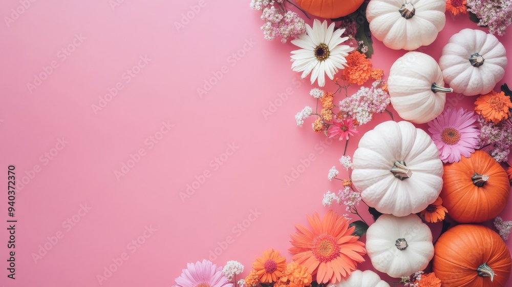 Obraz premium A pink background with a variety of flowers and pumpkins. The flowers are orange and white, and the pumpkins are white and orange. The image has a warm and inviting mood