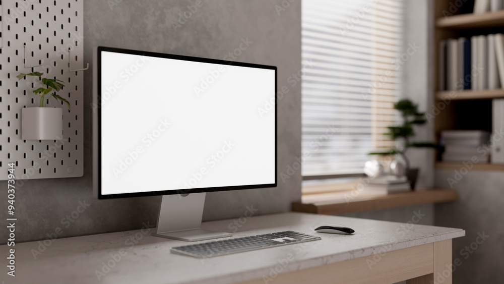 A computer mockup on a table against the cement wall in a modern loft home office. A computer mockup on a table against the cement wall in a modern loft home office.