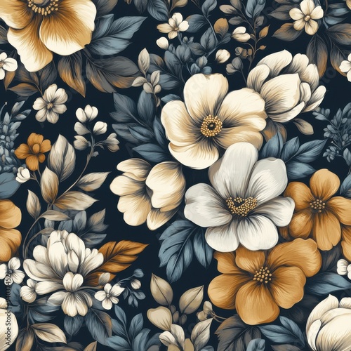 Wallpaper Mural Elegant Floral Pattern with Blue and Orange Flowers on a Dark Background
 Torontodigital.ca
