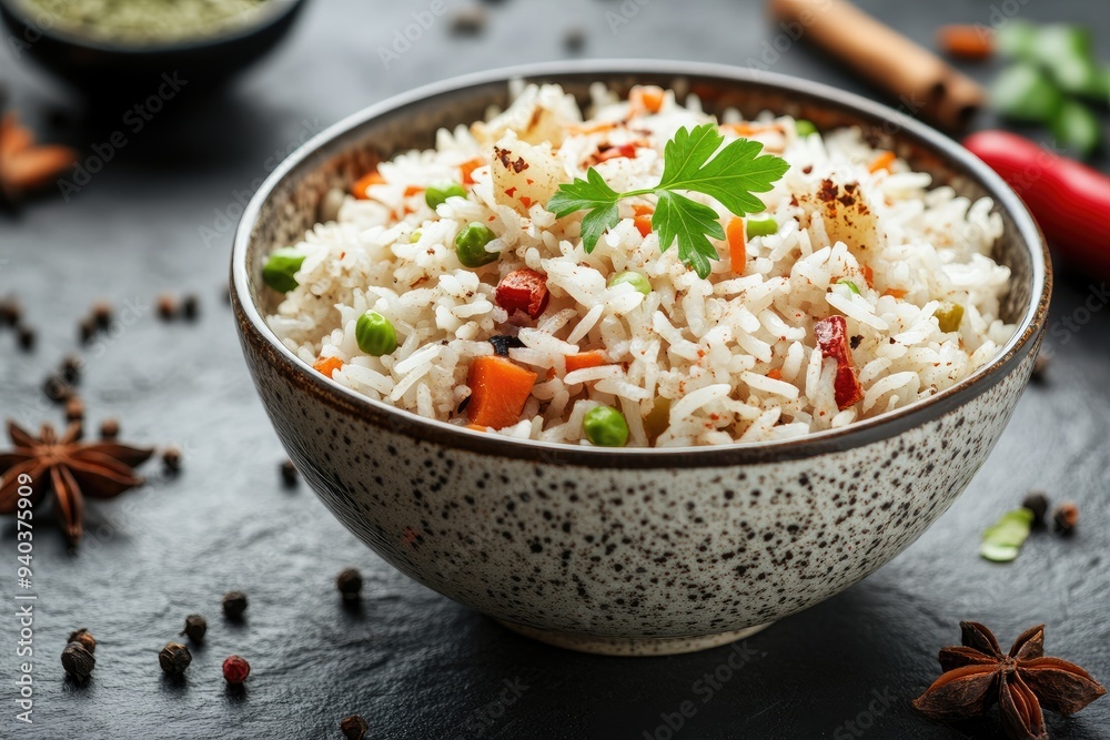 Bowl of White Rice with Vegetables and Parsley Bowl of White Rice with Vegetables and Parsley