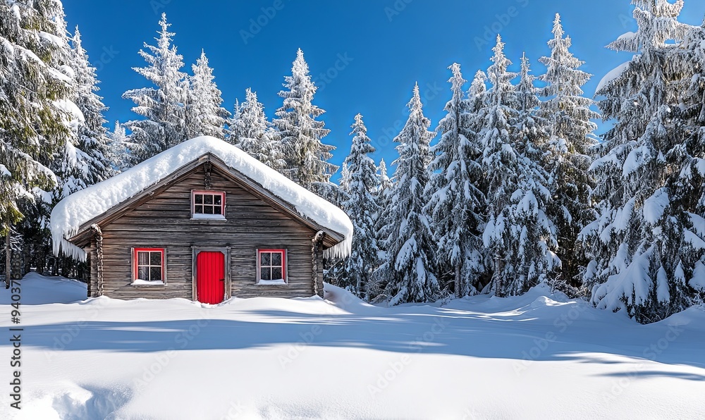 A wooden cabin nestled in a snowy forest, with a red door and frosted windows, stands under a bright blue sky. A wooden cabin nestled in a snowy forest, with a red door and frosted windows, stands under a bright blue sky.