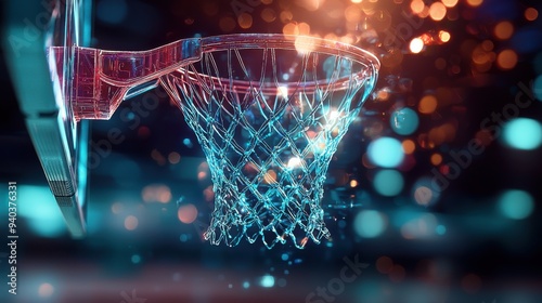 A tokenized digital graphic design of a basketball hoop and net, rendered in electric blue and deep space purple, with dynamic lighting and digital shading that highlight the futuristic and high-tech photo