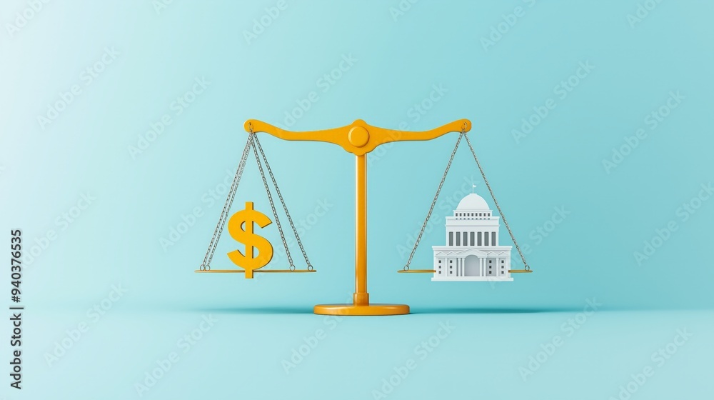 A symbolic representation of balance between finance and government, illustrating the relationship between money and authority. A symbolic representation of balance between finance and government, illustrating the relationship between money and authority.
