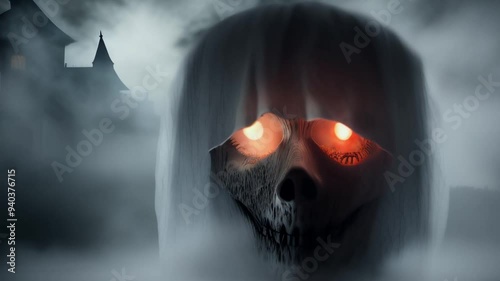 Scary spooky ghost with glowing eyes on black background ,generative ai