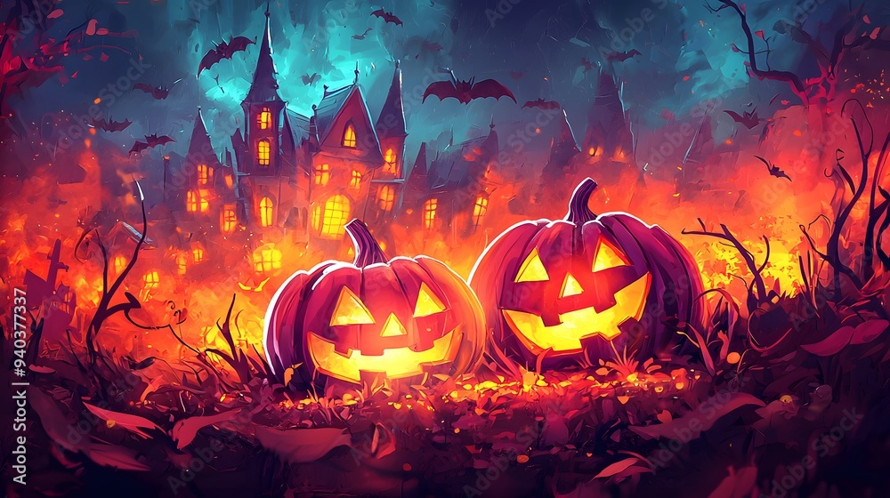 Spooky Halloween scene with glowing jack-o'-lanterns and a haunted mansion. Spooky Halloween scene with glowing jack-o'-lanterns and a haunted mansion.