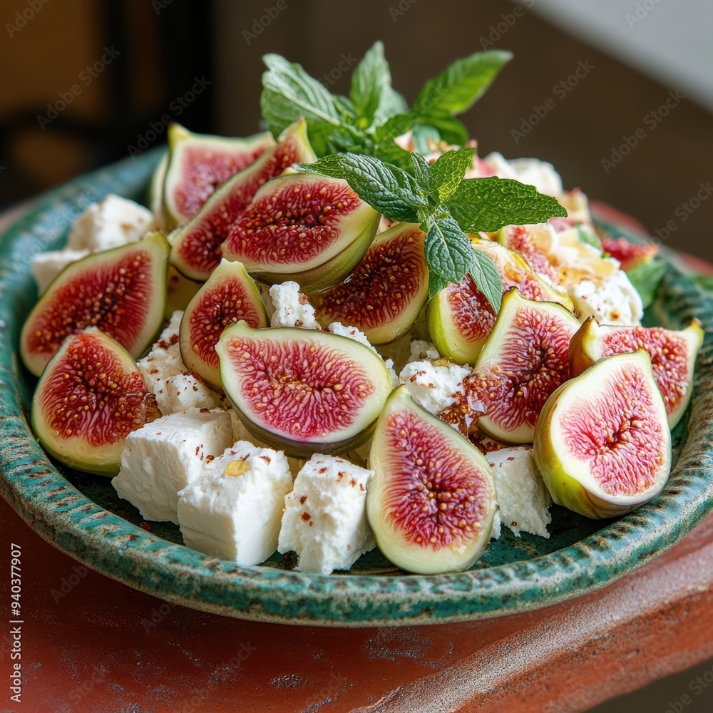 A refreshing salad of fresh figs and feta cheese cubes, garnished with mint leaves and served on a green ceramic plate for a Mediterranean-inspired dish. A refreshing salad of fresh figs and feta cheese cubes, garnished with mint leaves and served on a green ceramic plate for a Mediterranean-inspired dish.