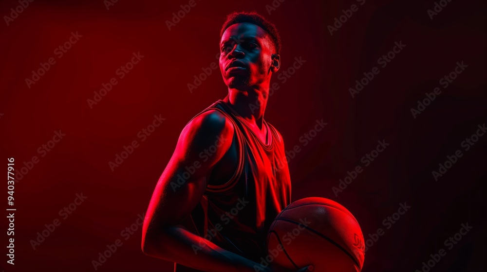 Fototapeta premium A basketball player standing while holding a basketball against a black background. The scene is dramatically lit with red lighting, highlighting the contours of the player's figure and the ball.
