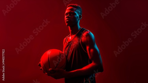 A basketball player standing while holding a basketball against a black background. The scene is dramatically lit with red lighting, highlighting the contours of the player's figure and the ball.