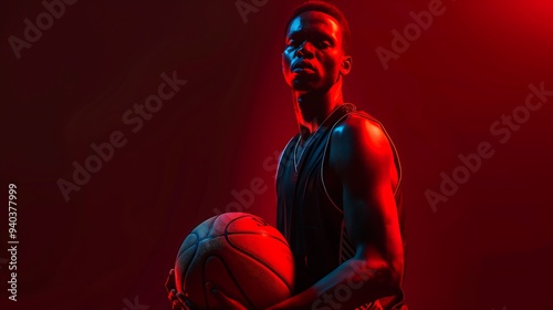 A basketball player standing while holding a basketball against a black background. The scene is dramatically lit with red lighting, highlighting the contours of the player's figure and the ball.