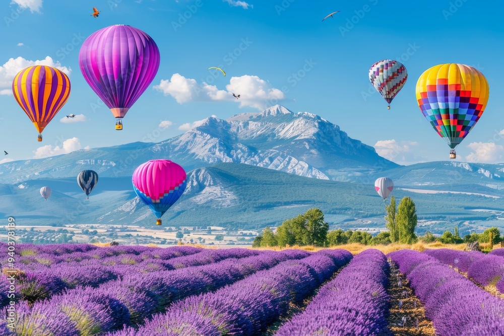 Fototapeta premium Explore the enchanting lavender fields of provence with colorful hot air balloons in the sky