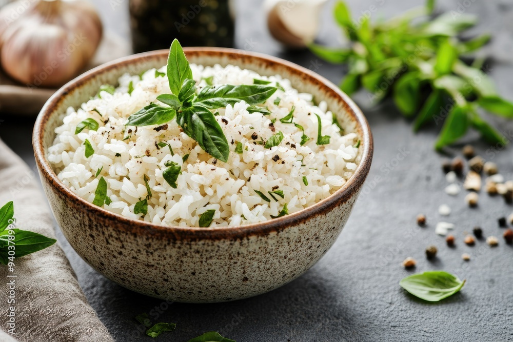 Bowl of White Rice with Basil and Black Peppercorns Bowl of White Rice with Basil and Black Peppercorns