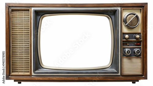 Classic wooden TV with a cut white monitor screen, reminiscent of a simpler time and ideal for nostalgic design transparent background  photo