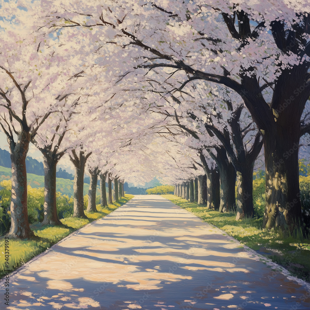 Sun-Drenched Avenue Lined with Blooming Cherry Trees: Spring Beauty in Full Bloom Sun-Drenched Avenue Lined with Blooming Cherry Trees: Spring Beauty in Full Bloom