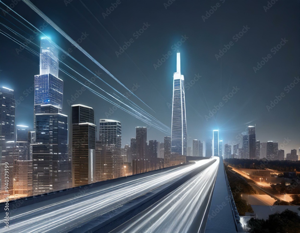 Fototapeta premium Technology light vectors in night business district