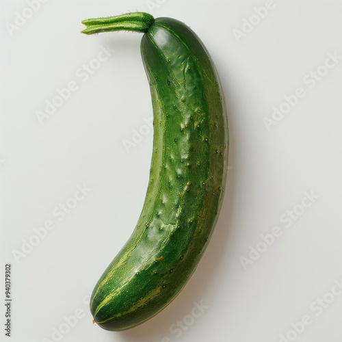 A single, whole green cucumber on a white background. photo