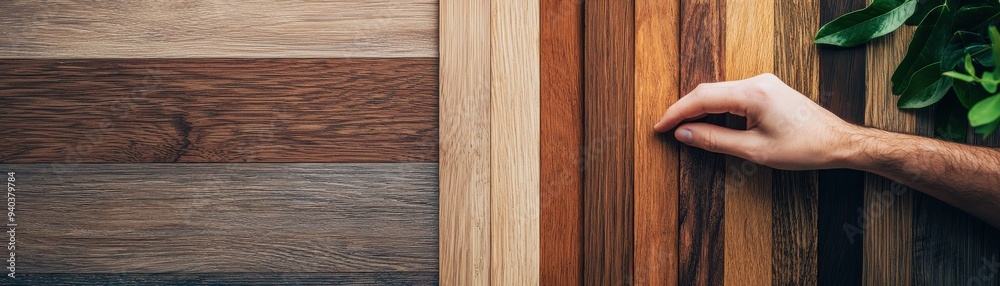 A hand selects wooden panels showcasing various textures and colors, ideal for design and decor projects. A hand selects wooden panels showcasing various textures and colors, ideal for design and decor projects.