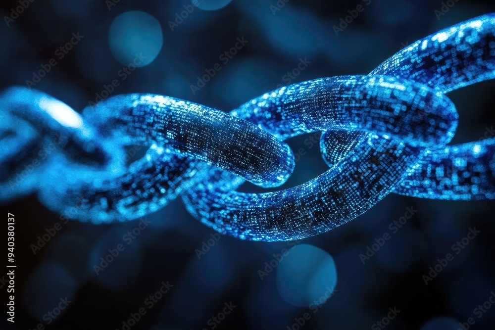 Close-up of a shimmering blue chain link, representing strength and connection in a digital world.