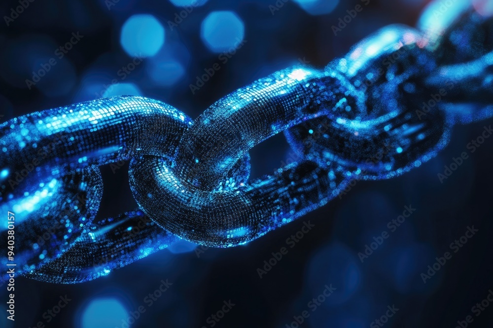 Close-up of a shimmering blue chain link, showcasing intricate details and vibrant reflections, ideal for modern design themes. Close-up of a shimmering blue chain link, showcasing intricate details and vibrant reflections, ideal for modern design themes.
