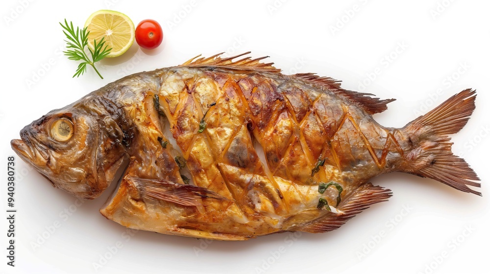 Grilled fish with lemon and herbs isolated on white background. Top view.