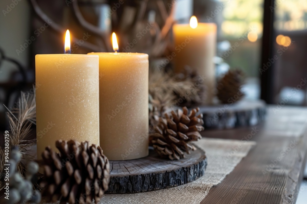 Burning candles on rustic wooden table with pine cones in the background Burning candles on rustic wooden table with pine cones in the background