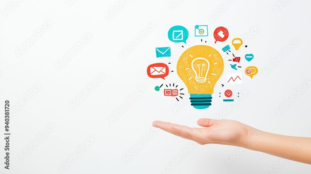 A hand holding a lightbulb with colorful icons representing creativity and digital communication on a white background. A hand holding a lightbulb with colorful icons representing creativity and digital communication on a white background.