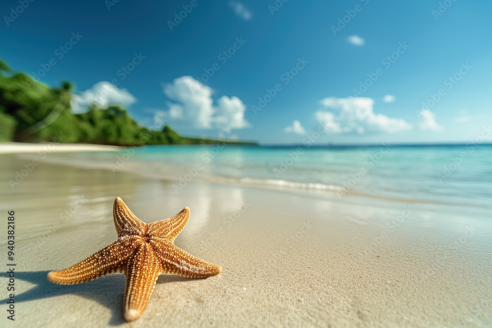 Large starfish on a sandy beach. Bright summer background