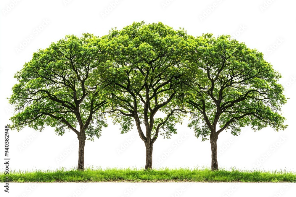 Obraz premium Three lush green trees isolated on white background, symbolizing nature and environmental beauty