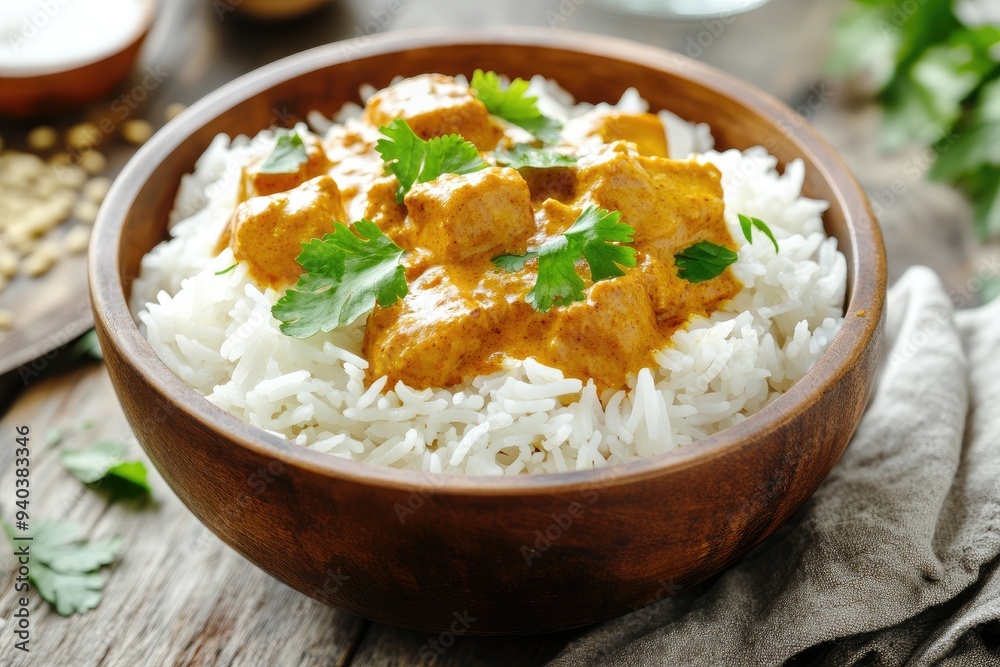 Chicken Curry Served Over White Rice in Wooden Bowl Chicken Curry Served Over White Rice in Wooden Bowl