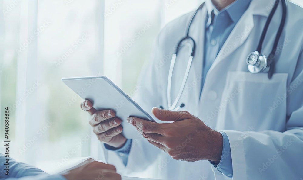 Doctor using digital tablet, close-up of hands, stethoscope in pocket, white coat. Doctor using digital tablet, close-up of hands, stethoscope in pocket, white coat.
