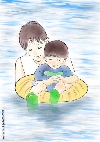 浮き輪に乗った子供と父親