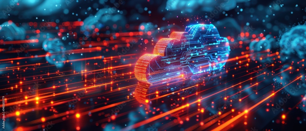 Futuristic Holographic Cloud Computing Network with Glowing Data Pathways - Modern Technology Concept Futuristic Holographic Cloud Computing Network with Glowing Data Pathways - Modern Technology Concept