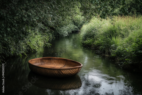 Handmade Coracle on Quiet Village Brook: Timeless Tranquility in Rural Waters photo