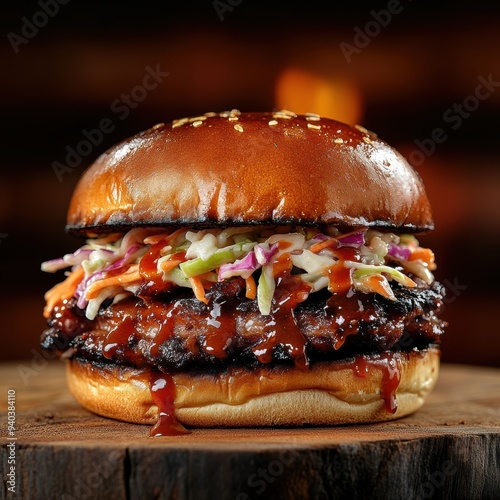 A detailed close-up of a BBQ brisket sandwich, topped with creamy coleslaw and barbecue sauce, resting on a toasted sesame bun, highlighting the smoky flavors.