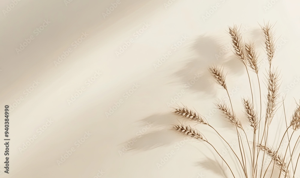 Dried wheat stalks arranged on a cream-colored background with soft shadows. Dried wheat stalks arranged on a cream-colored background with soft shadows.
