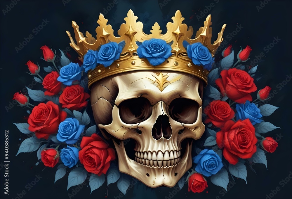 A skull wearing a golden crown surrounded by red and blue flowers A skull wearing a golden crown surrounded by red and blue flowers