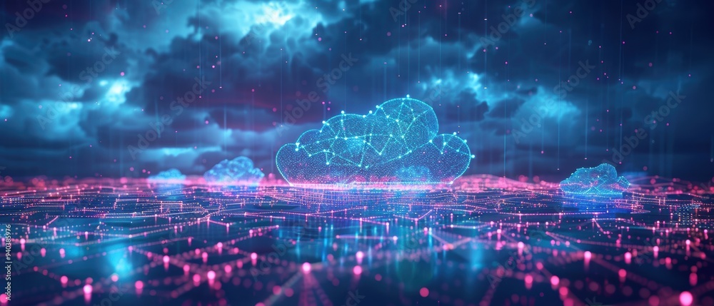 Futuristic Hologram of Cloud Computing Network with Interconnected Nodes, Modern Technology Concept Futuristic Hologram of Cloud Computing Network with Interconnected Nodes, Modern Technology Concept