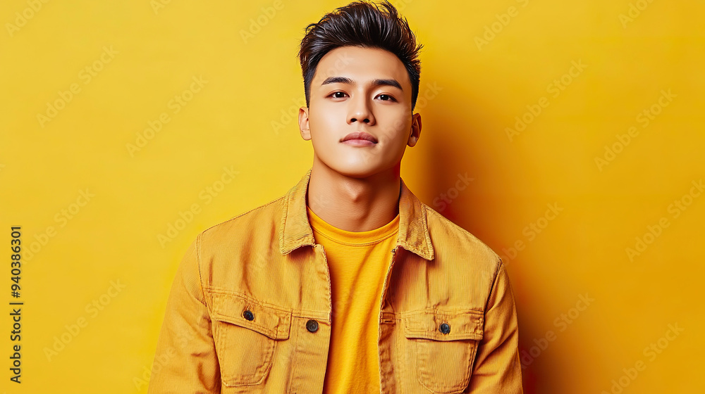 Young Asian male fashion model poses in stylish outfit, yellow background Young Asian male fashion model poses in stylish outfit, yellow background