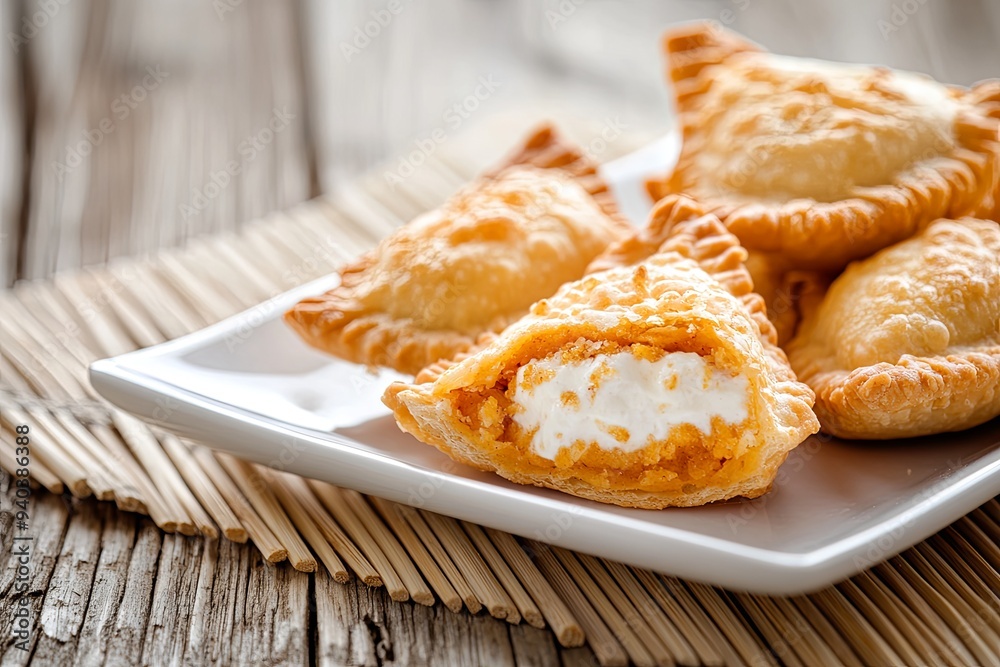 Close-up of a group of golden brown pastries on a white plate. The pastry on the left has been partially eaten, revealing a white creamy filling Close-up of a group of golden brown pastries on a white plate. The pastry on the left has been partially eaten, revealing a white creamy filling