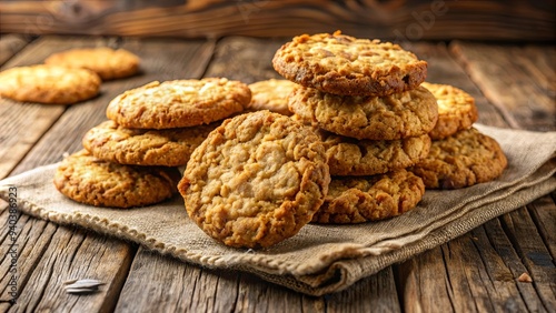 Close-up of freshly baked Anzac Biscuits on a rustic wooden table , Anzac biscuits, vintage recipe, Australian, traditional