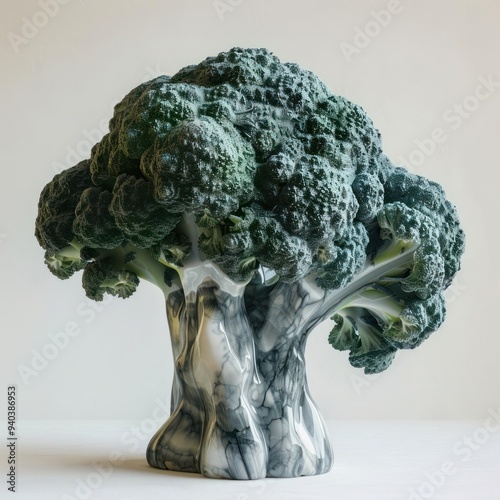 Artistic arrangement showcasing a broccoli floret shaped like a tree on a marble vase base. photo