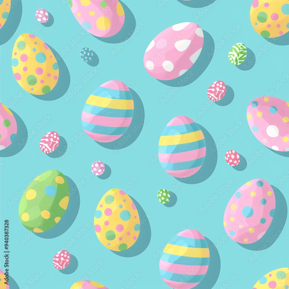 4. Pattern of Easter eggs adorned with stripes, dots, and dashes in bright pastel colors, pink, yellow, green, and blue, light blue background, flat design, commercial photography, high resolution, 4. Pattern of Easter eggs adorned with stripes, dots, and dashes in bright pastel colors, pink, yellow, green, and blue, light blue background, flat design, commercial photography, high resolution,