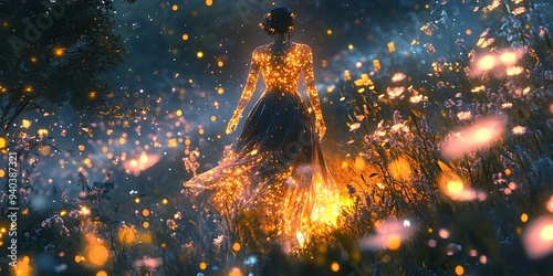 A captivating image of a Korean woman with a glowing, transparent body and dress, walking through a twilight scene filled with swaying flowers and twinkling fireflies. The atmosphere is warm,